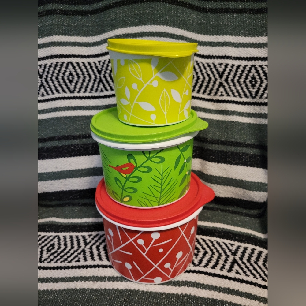 Tupperware 3 piece Round Canister Set  Plastic Nesting Kitchen Storage Multicolo